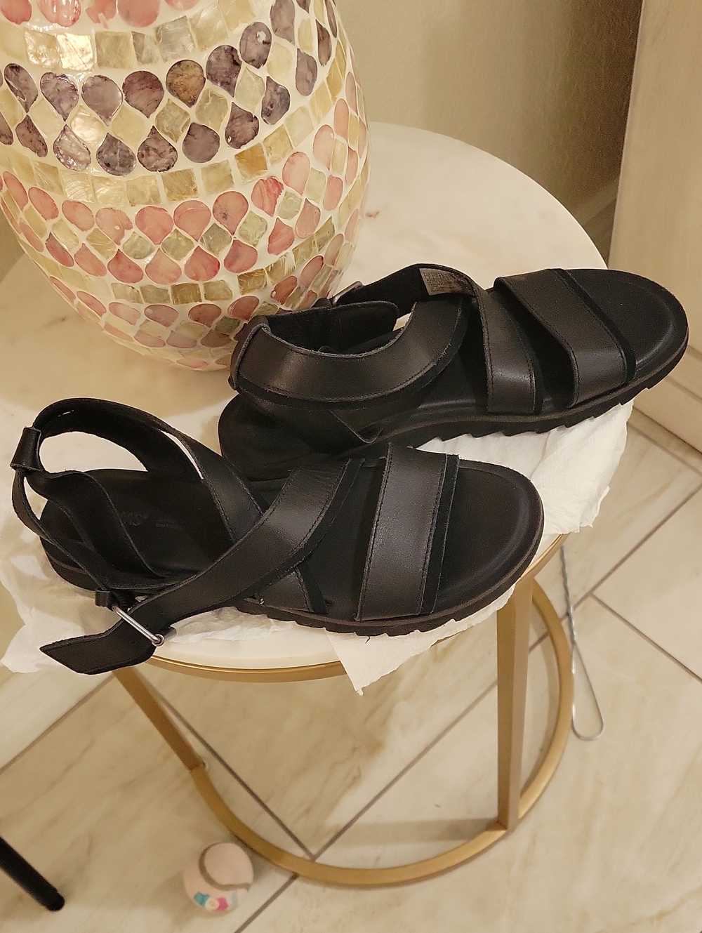 Toms Black Leather Strappy Sandals with Back Strap